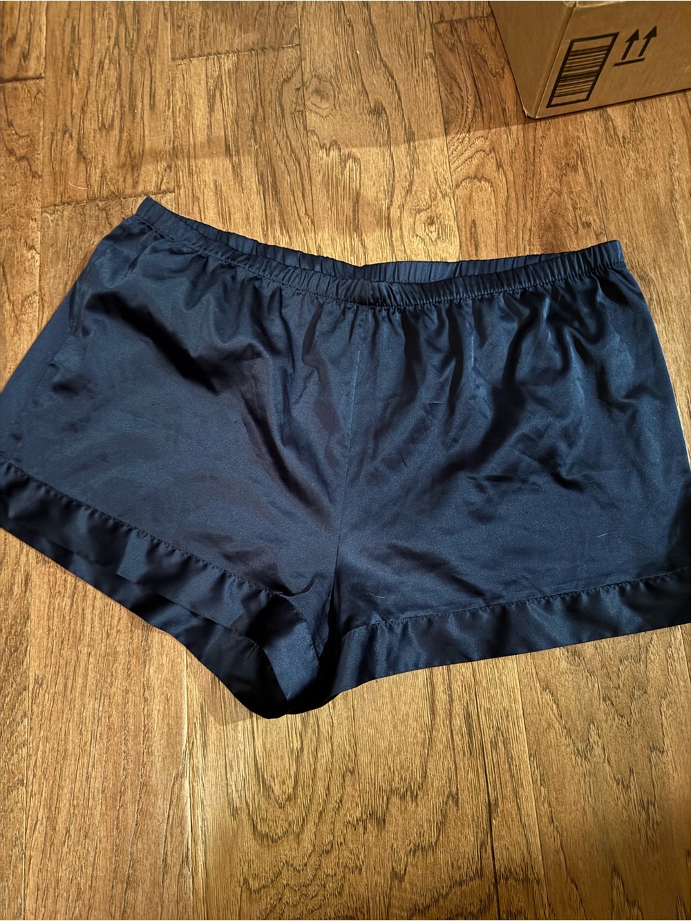 stars above Navy Satin High-Waist Ruffle Hem Shorts